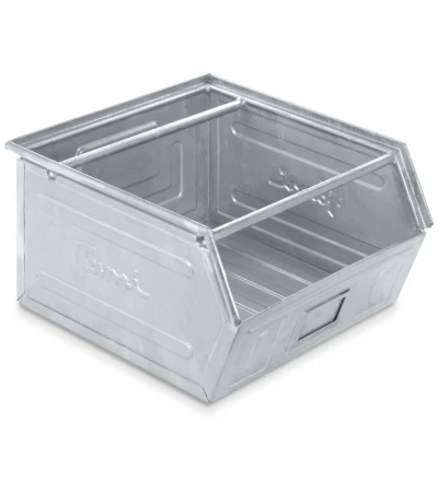 Zkosený kovový stohovací box s dvojitým madlem